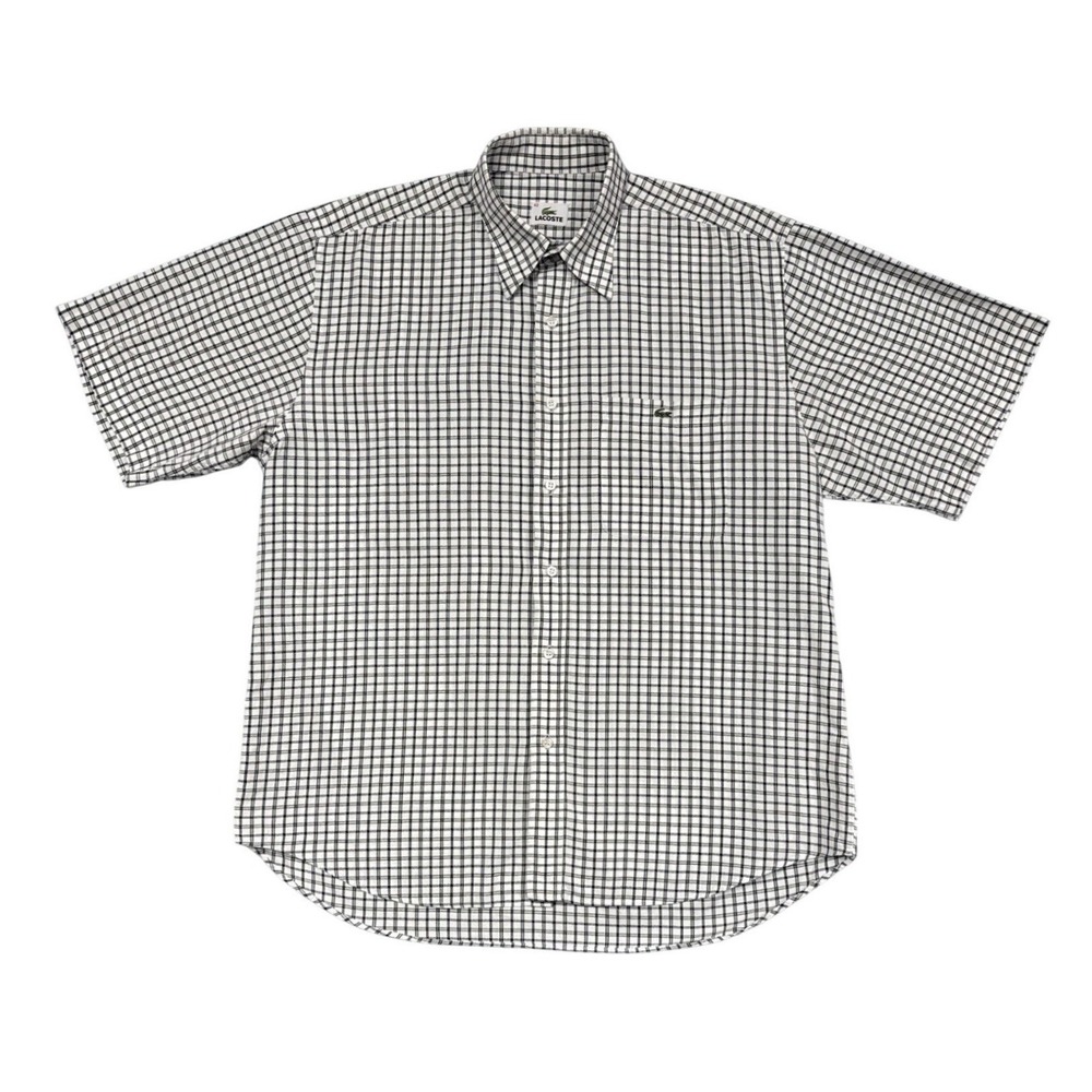 Lacoste‎ Short Sleeve Button Down Mens 42 White Navy Green Check Plaid Croc Logo